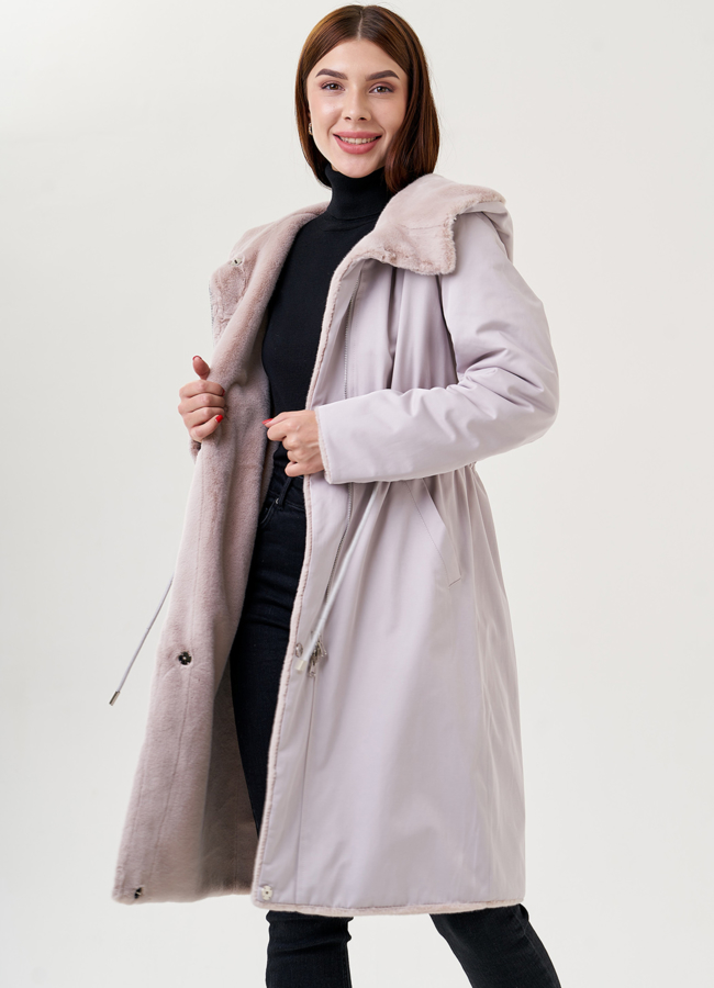 Двухстороннее пальто из эко меха с капюшоном модель № 25354 универмаг малина