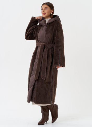 Комбинированное пальто на утеплении с капюшоном