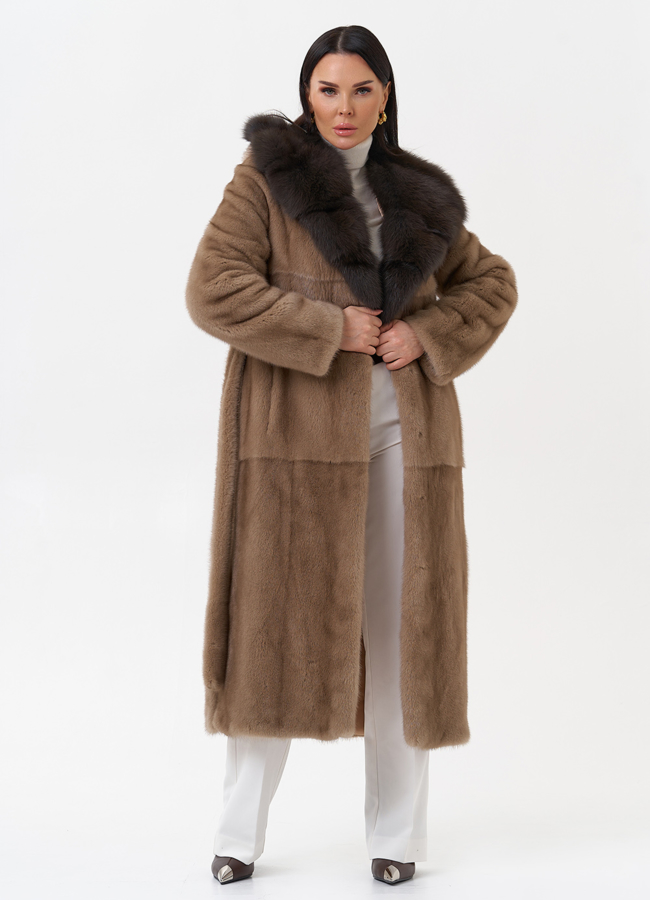 Длинная шуба из норки с куницей модель № 29531 универмаг малина