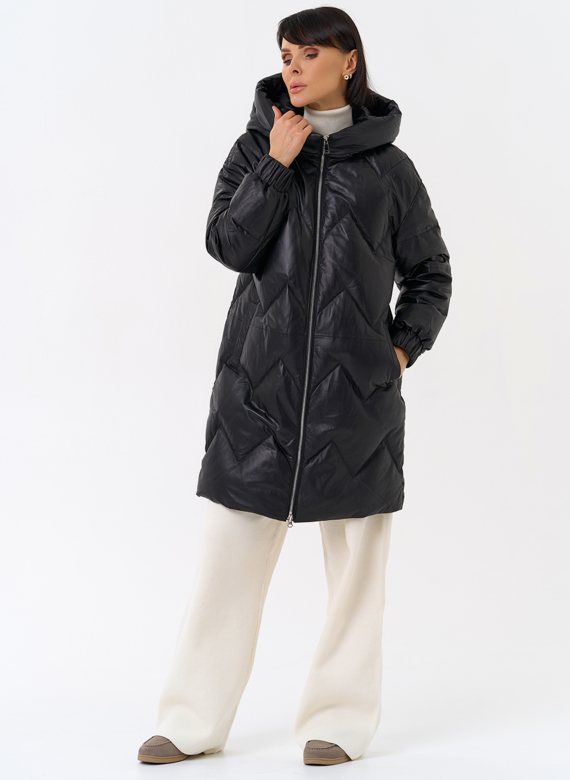 Длинный пуховик из кожи