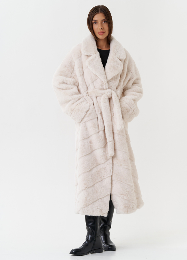 Шуба из эко меха с поясом модель № 28426 в кредит