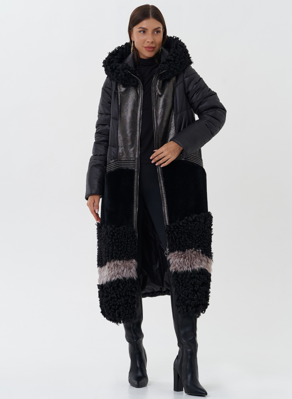 Комбинированный пуховик с капюшоном