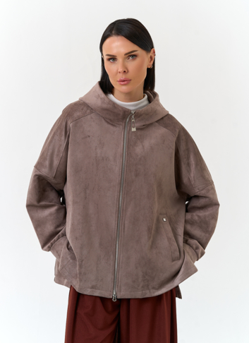 Женская куртка из эко замши с капюшоном