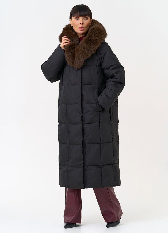 Женский пуховик черного цвета с капюшоном из меха песца модель № 31614 универмаг малина