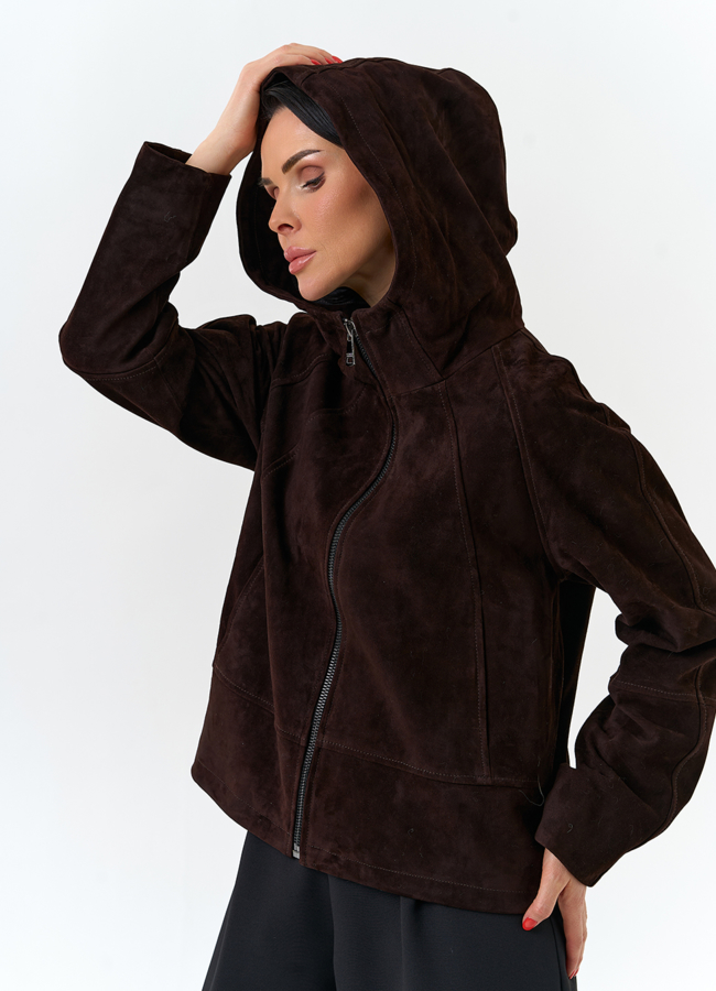 фото Женская куртка из натуральной замши с капюшоном модель № 32674