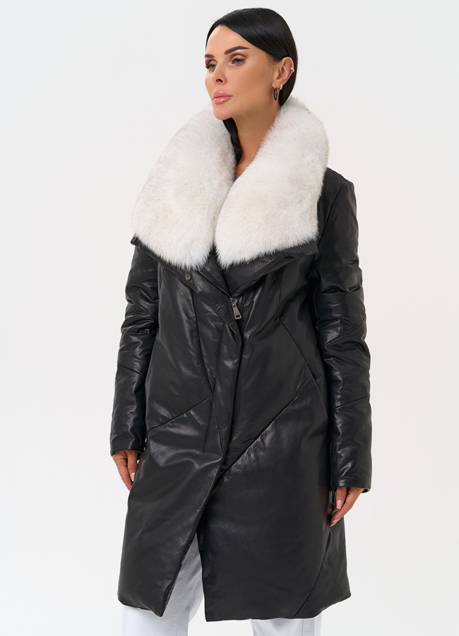 Пуховик из натуральной кожи с меховым воротником модель № 31370 универмаг малина