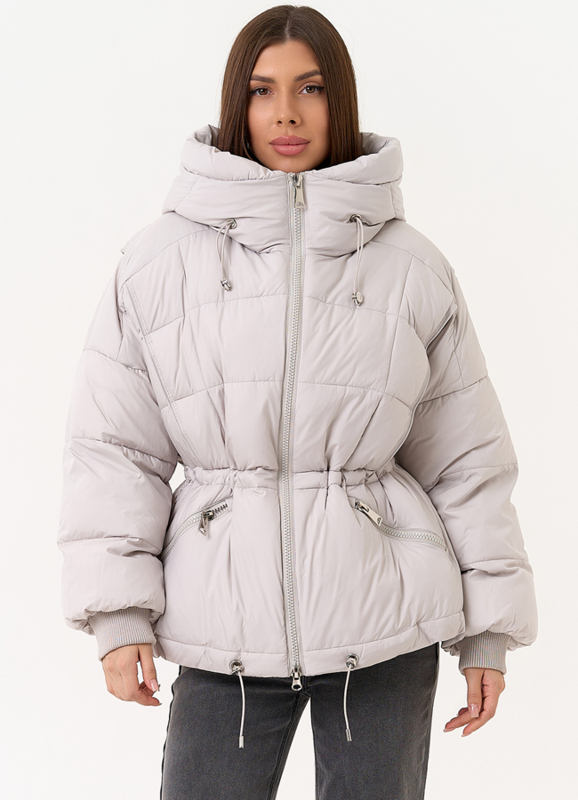 Светлый женский пуховик с капюшоном модель № 31583 меха малина