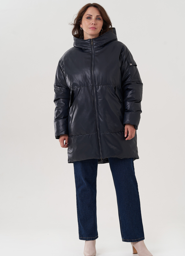 фото Женский пуховик синего цвета из эко кожи модель № 25332