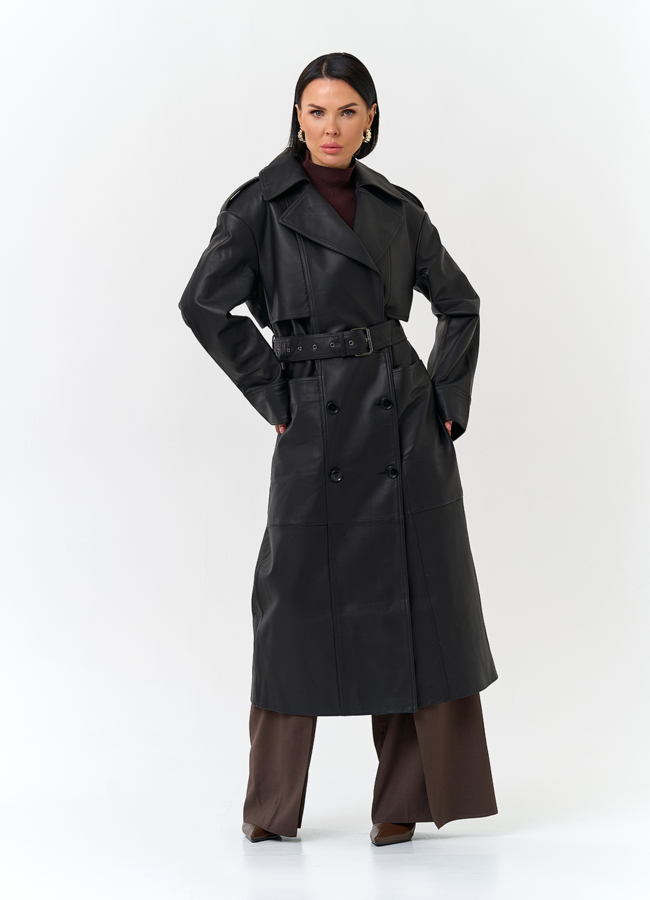 Женский плащ из натуральной кожи с поясом модель № 32901 в рассрочку