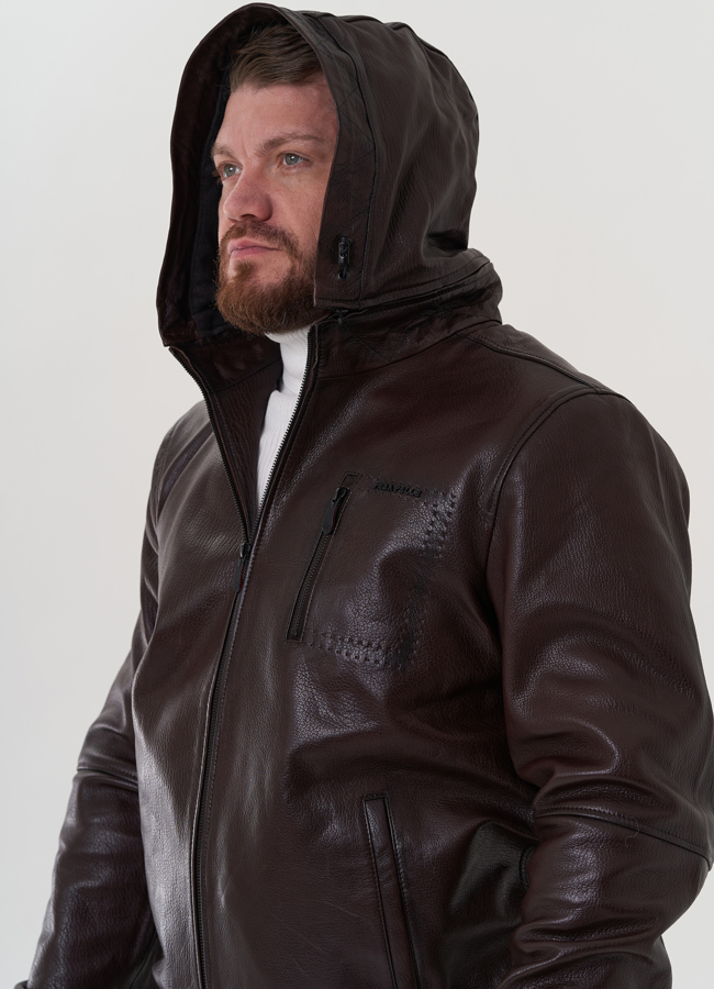 Куртка с капюшоном из натуральной кожи модель № 26704 в рассрочку