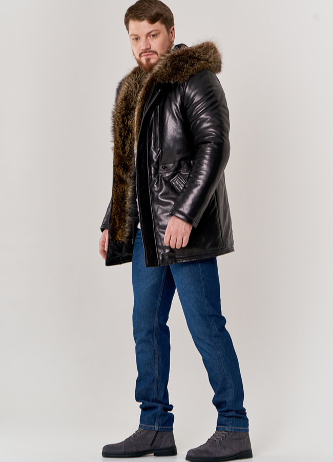 Мужской пуховик из натуральной кожи модель № П-500 универмаг малина