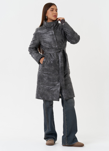 Пуховик из эко кожи с поясом