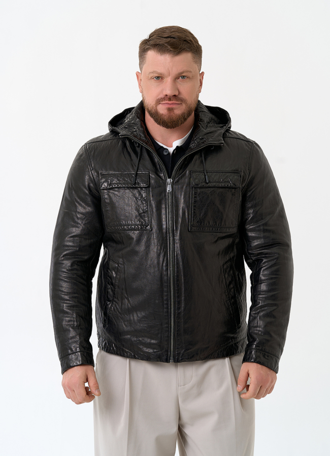 Мужская утепленная куртка из натуральной кожи модель № 24373 меха малина