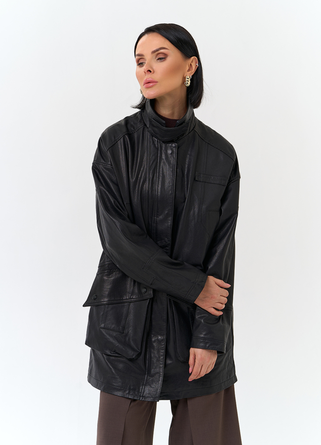 Женская удлиненная куртка из натуральной кожи модель № 32759 меха малина