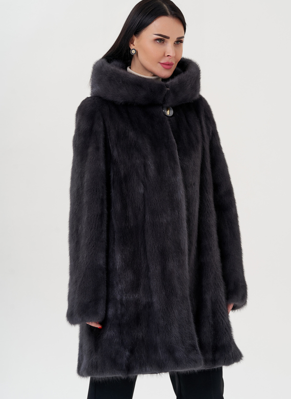 Норковая шуба балетка, в цвете графит с капюшоном