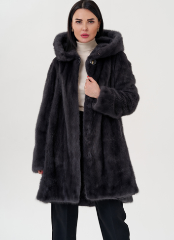 Норковая шуба балетка, в цвете графит с капюшоном