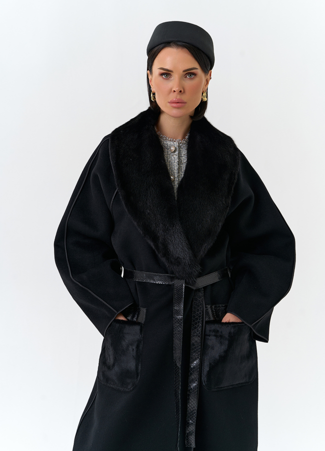 Женское длинное пальто с воротником из меха норки модель № 32648 универмаг малина