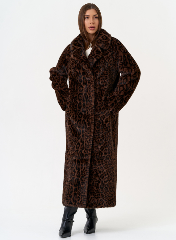 Длинная шуба из эко меха с анималистическим принтом