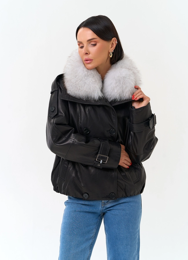 Женский кожаный пуховик с воротником из песца модель № 34202 универмаг малина