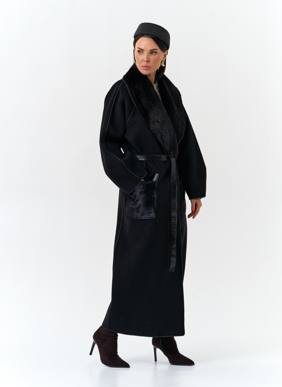 Женское длинное пальто с воротником из меха норки