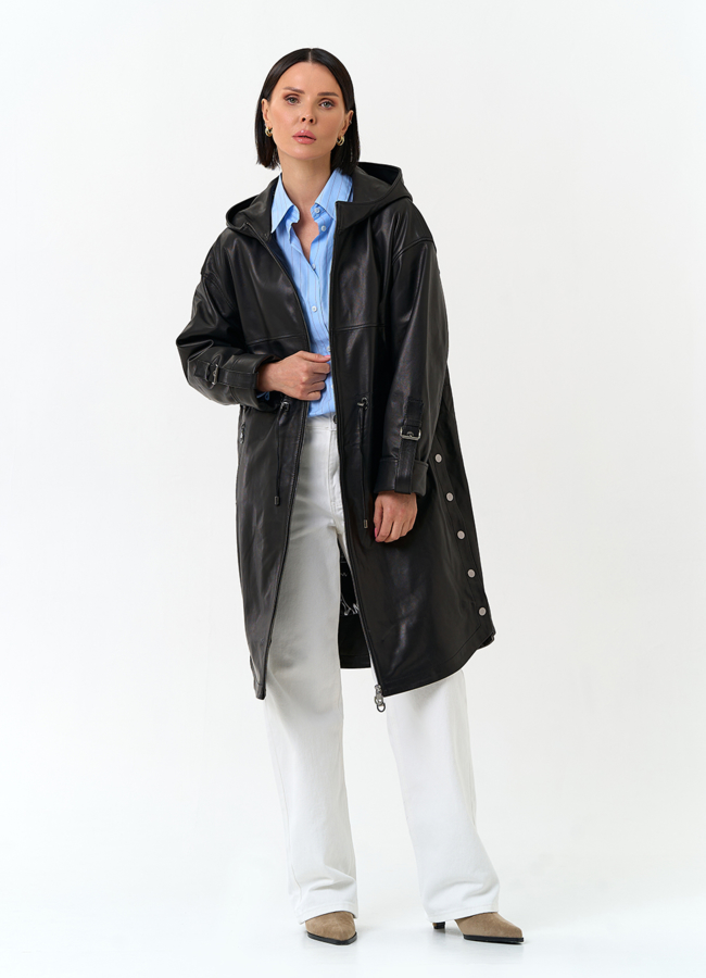 Женский плащ из натуральной кожи с капюшоном модель № 33142 меха малина