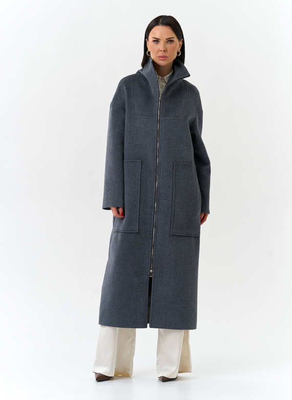 Женское длинное пальто с воротником стойкой