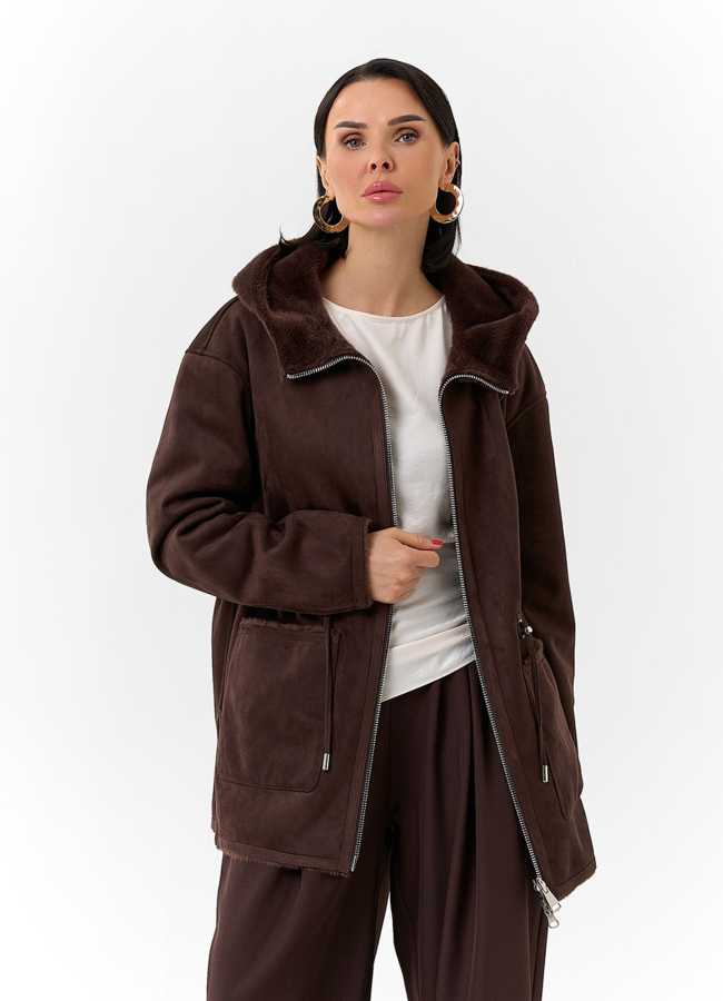 Двухсторонняя дубленка из эко замши с капюшоном модель № 32690 универмаг малина
