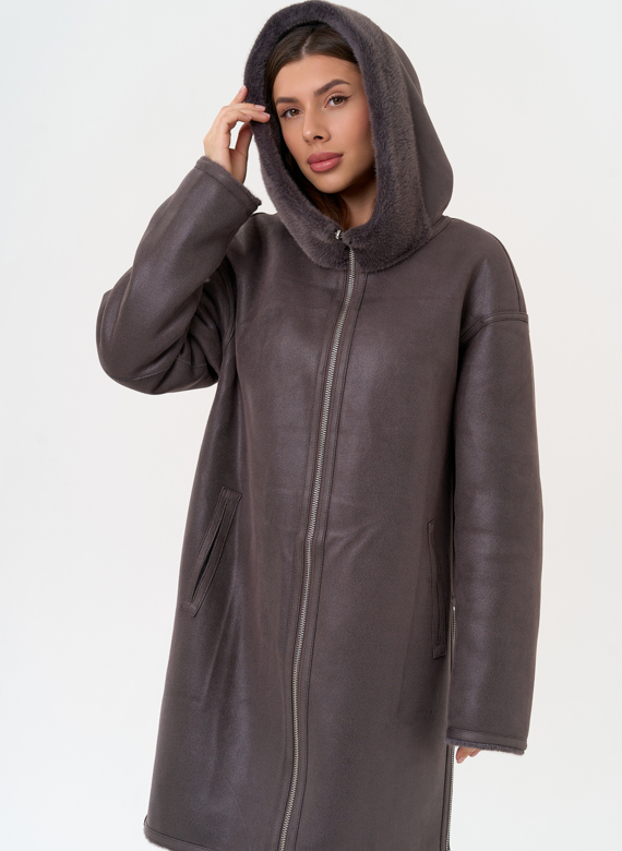 Женская двухсторонняя дубленка из эко замши с капюшоном