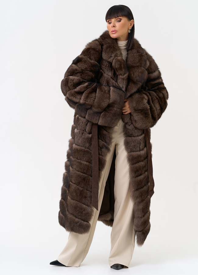 Длинная шуба из меха песца с английским воротником модель № 31670 меха малина