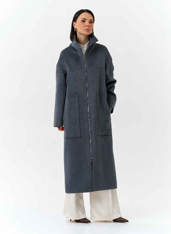 Женское длинное пальто с воротником стойкой