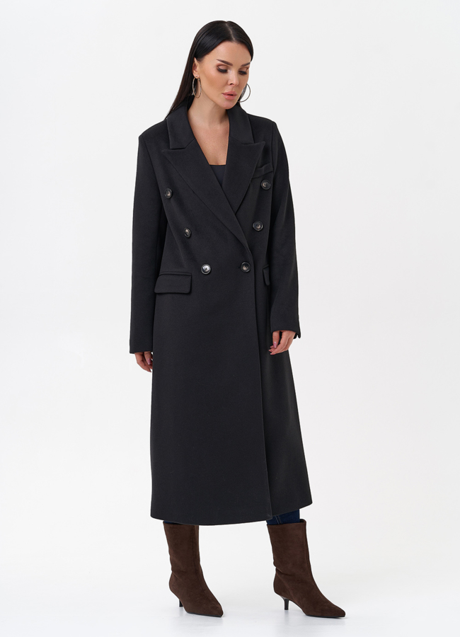 Длинное двубортное пальто с английским воротником модель № 29543 меха малина