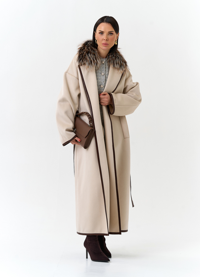 Женское длинное пальто с отделкой из меха лисы модель № 32650 универмаг малина