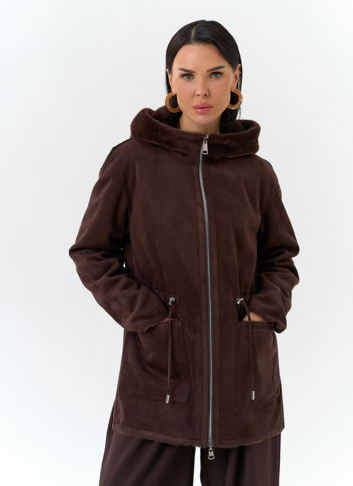 Двухсторонняя дубленка из эко замши с капюшоном Двухсторонняя дубленка из эко замши с капюшоном