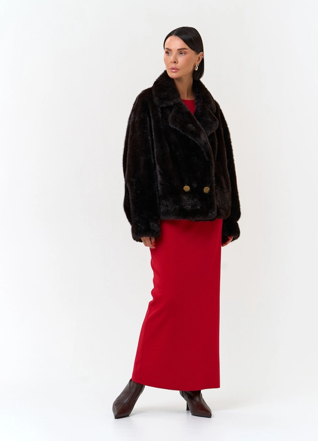 Женское двубортное пальто из эко меха модель № 33866 в рассрочку фото