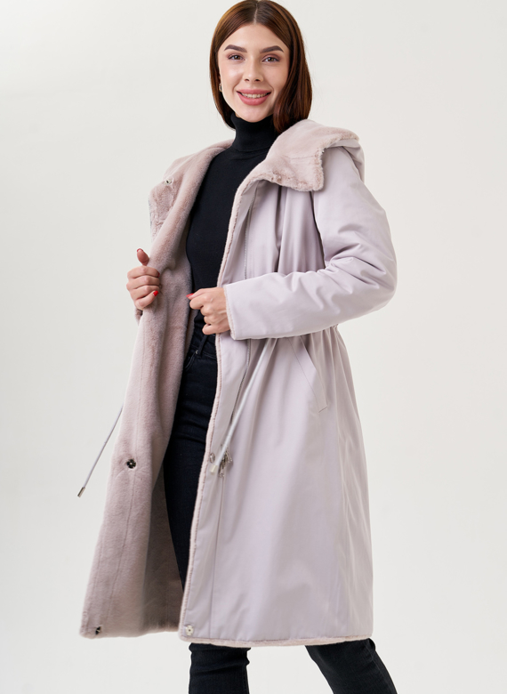 Двухстороннее пальто из эко меха с капюшоном