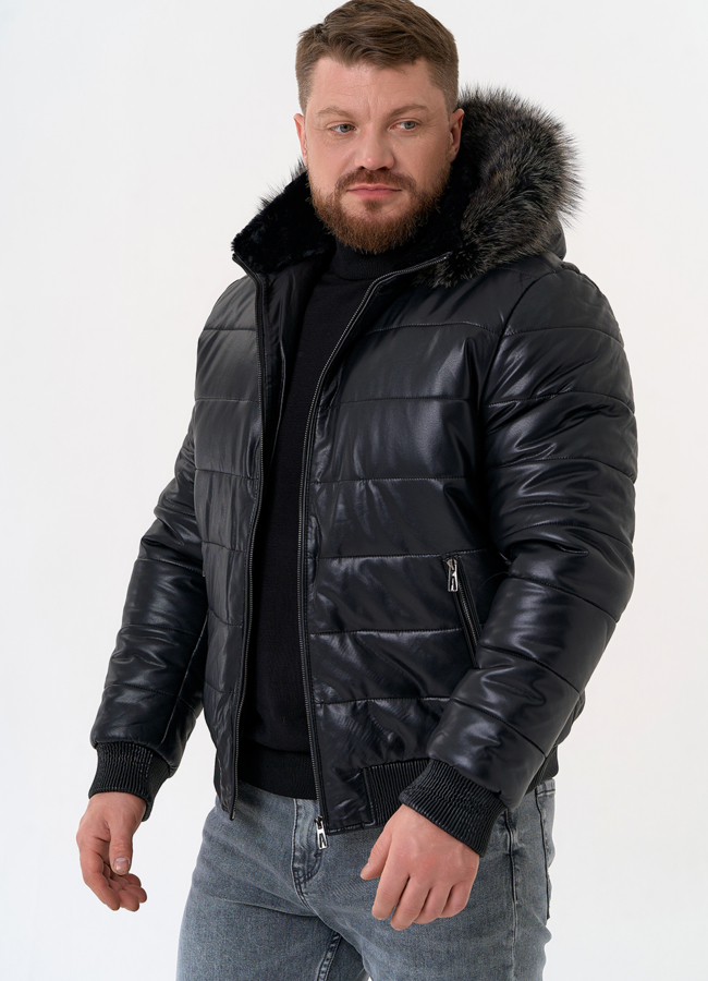 Пуховик из эко кожи черного цвета  модель № 31724 универмаг малина