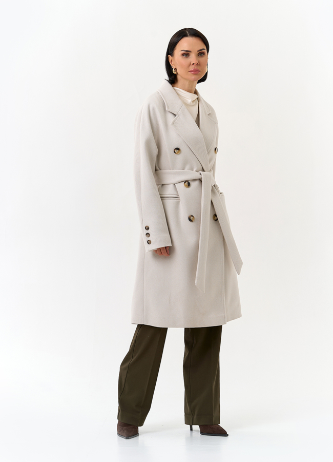 Светлое женское пальто с поясом модель № 32818 универмаг малина