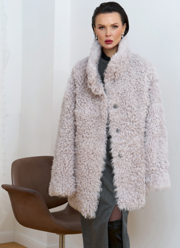 Женская двухсторонняя дубленка с воротником стойкой