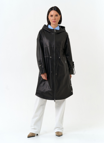 Женский плащ из натуральной кожи с капюшоном