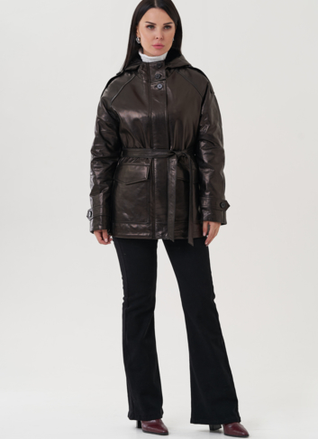 Куртка из натуральной кожи черного цвета с поясом