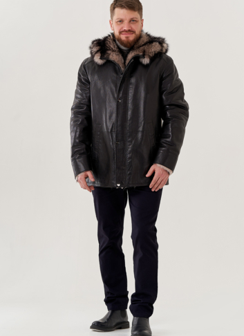 Мужская дубленка с капюшоном 