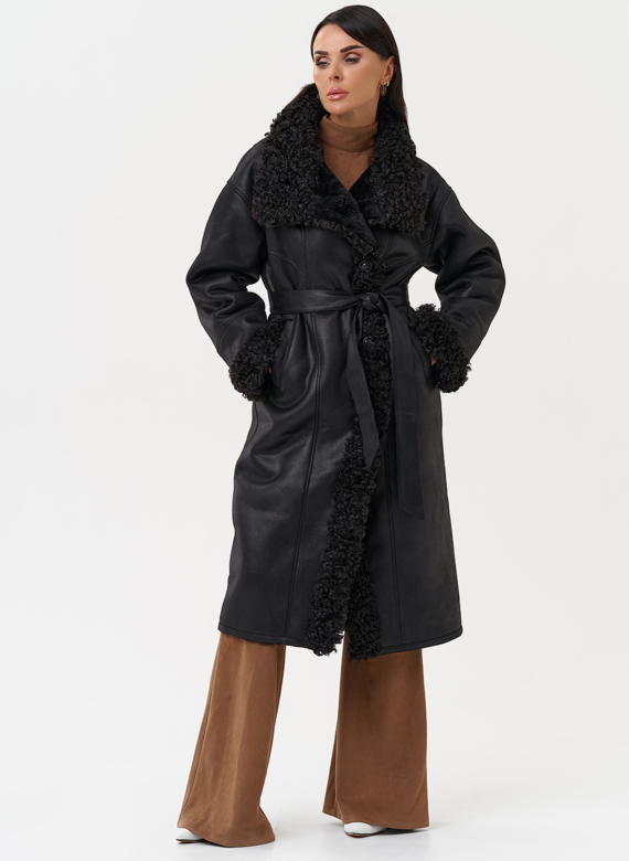 Женская дубленка из эко замши с поясом