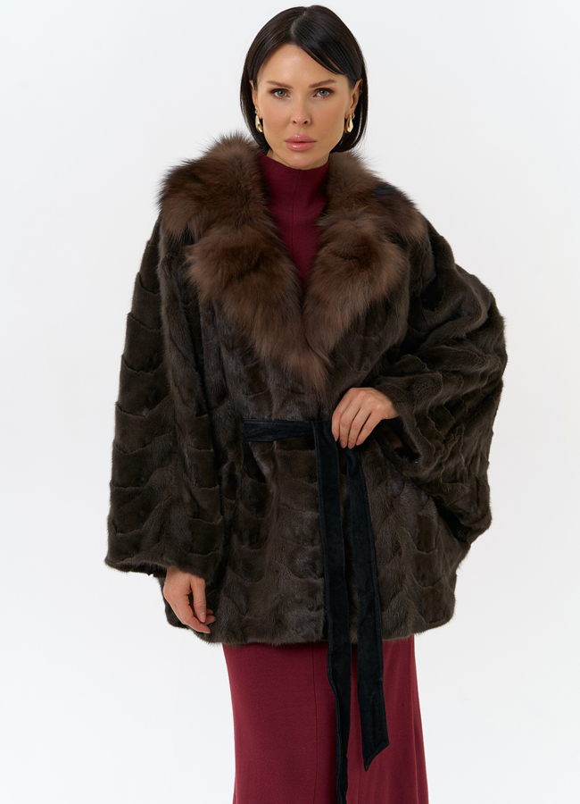 Шуба из меха норки с воротником из меха лисы модель № 31300 меха малина