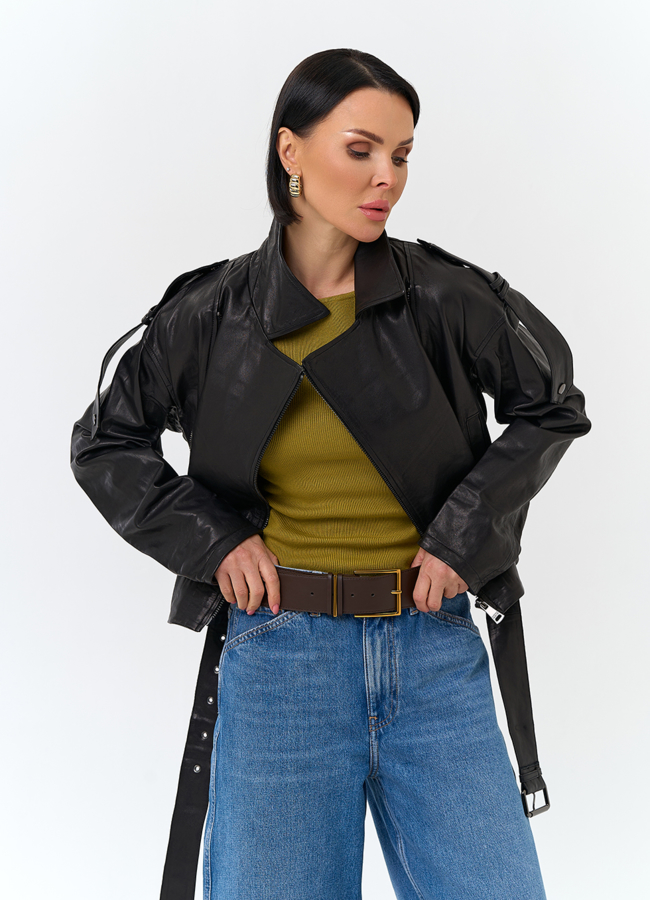 Женская куртка косуха из натуральной кожи модель № 26849 меха малина