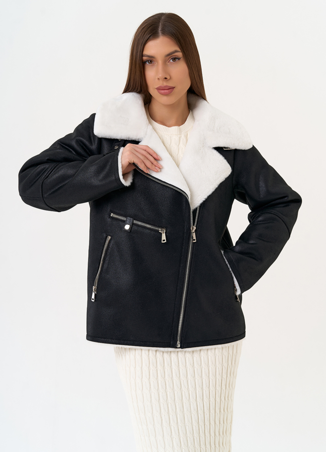 Женская дубленка из эко замши черного цвета модель № 31514 в кредит