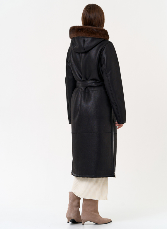 Женская дубленка из эко замши с поясом