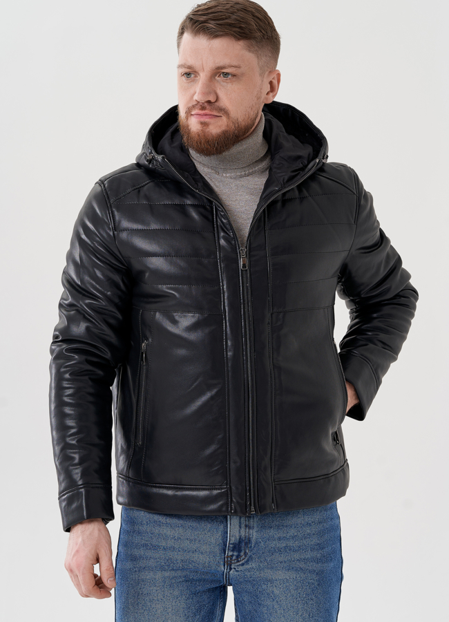 фото Мужская куртка из эко кожи с капюшоном  модель № 24468